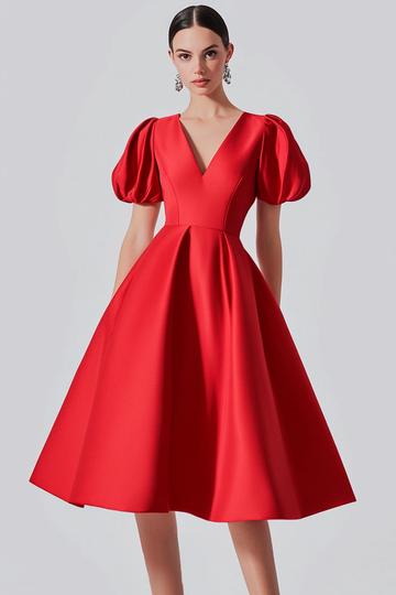 Red V Neck A Line Midi Formal Dress with Puff Sleeves